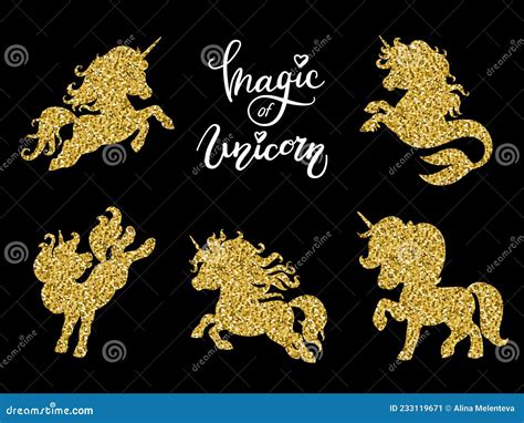 Set of Golden Silhouettes of Unicorns in Motion Stock Vector - Illustration of logo, elegant ...
