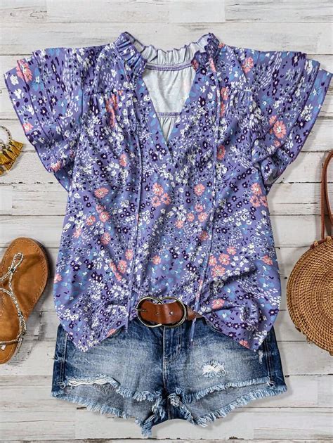 Linhara Plus Size Women's Floral Print V-Neck Ruffle Sleeve Casual ...