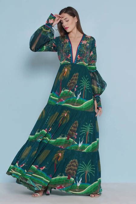 Buy Blue Crepe Engineered Print Botanic Plunged V Neck Blakely Chintz ...