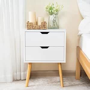 WOOYNEX Bedside Tables, Wooden Nightstands with Solid Wood Legs & 2 ...