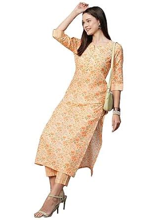 Buy GoSriKi Women's Cotton Blend Printed Straight Kurta with Pant ...