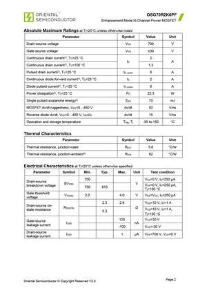 OSG70R2K6PF MOSFET Datasheet pdf - Equivalent. Cross Reference Search