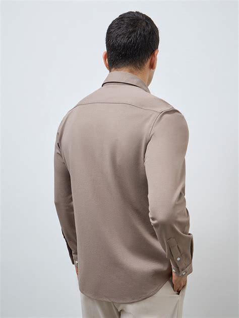 Buy WES Formals Taupe Solid Slim-Fit Cotton-Blend Shirt from Westside