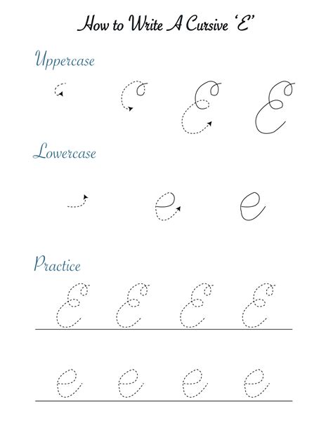 Cursive 'E' worksheets to practice capital, upper and lowercase letter ...