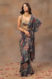 Buy Green Crepe Beads, Cut Work V-neck Printed Ruffle Re-draped Saree ...