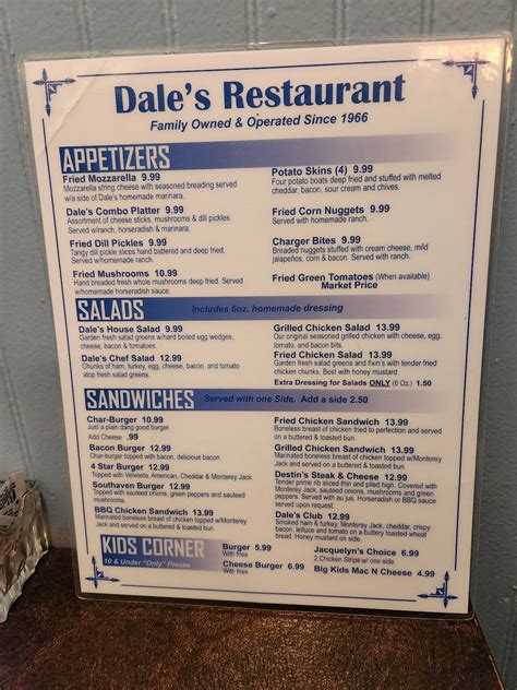 Menu at Dale's restaurant, Southaven