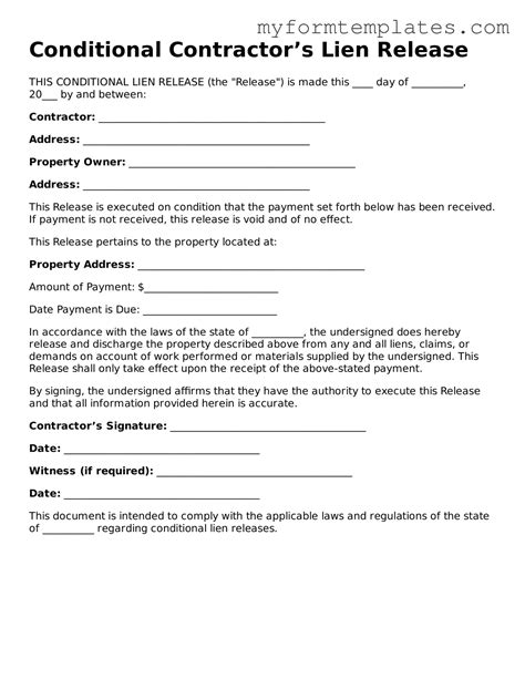 Printable Conditional Contractor’s Lien Release Form — My Form Templates