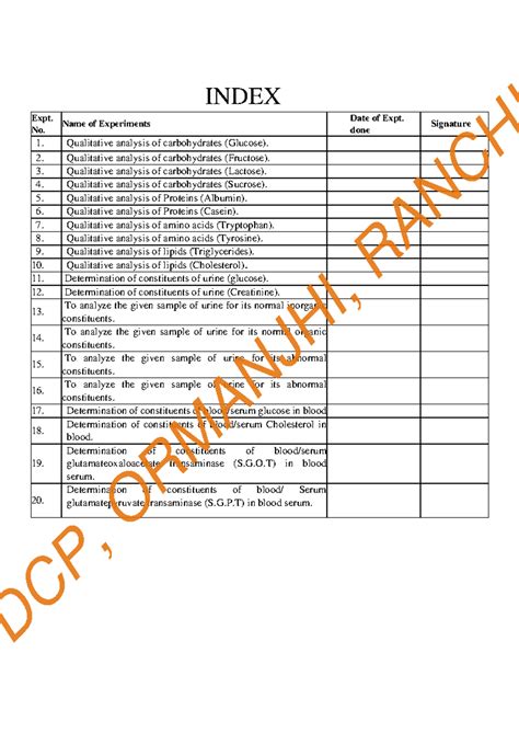 Biochemistry Practical - INDEX Expt. No. Name of Experiments Date of ...