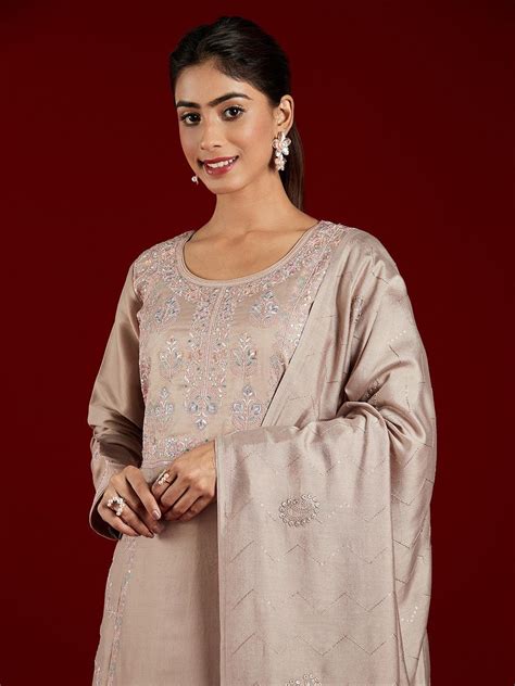 Buy Libas Art Taupe Embroidered Silk Blend A-Line Kurta With Trousers ...