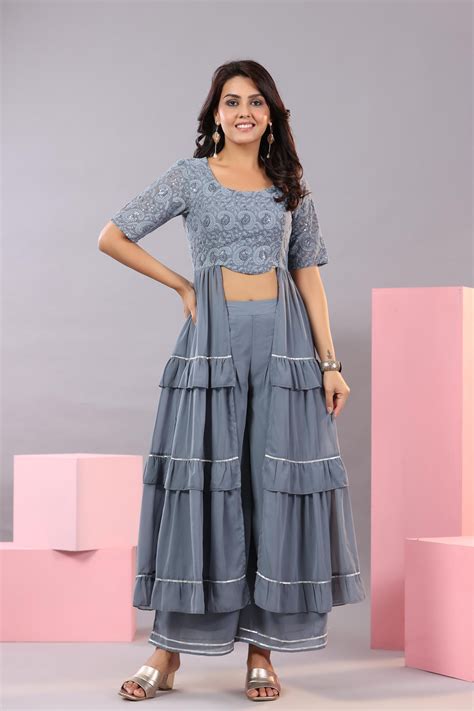 Grey Thread Embroidered Georgette Dress & Palazzo Set With Sequins & L