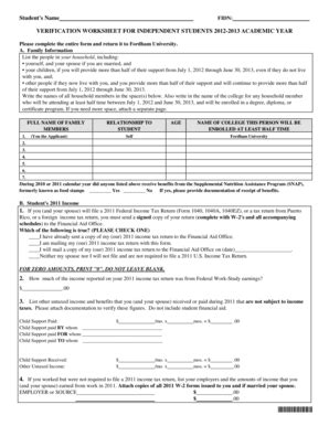 Fillable Online Verification Worksheet for Independent Students 2012 ...