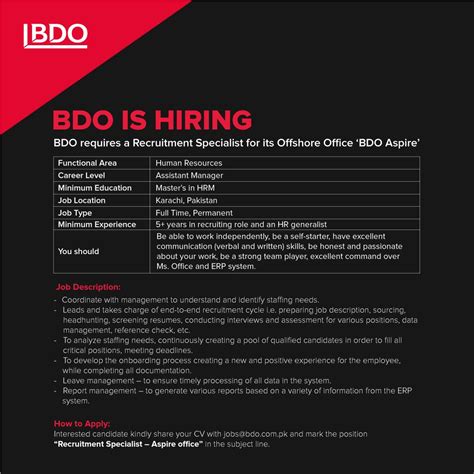 BDO in Pakistan is hiring We are seeking Recruitment Specialist for BDO Aspire (Offshore ...