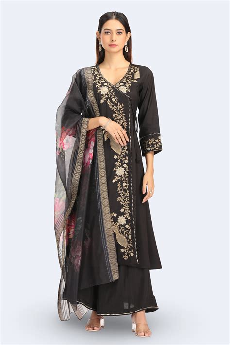Black Roman Silk Embroidered A Line Kurta and Dupatta Set – Cotton Culture