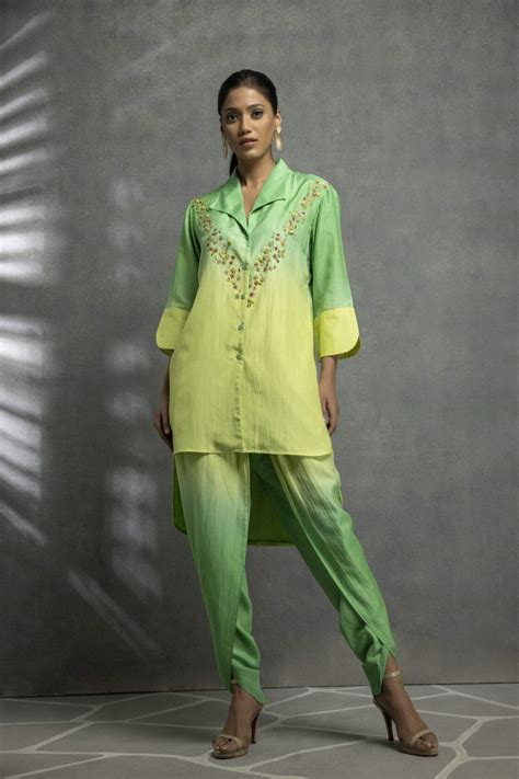 High Low Ombre Kurta With Collar Having Embroidery – Kahani Lush