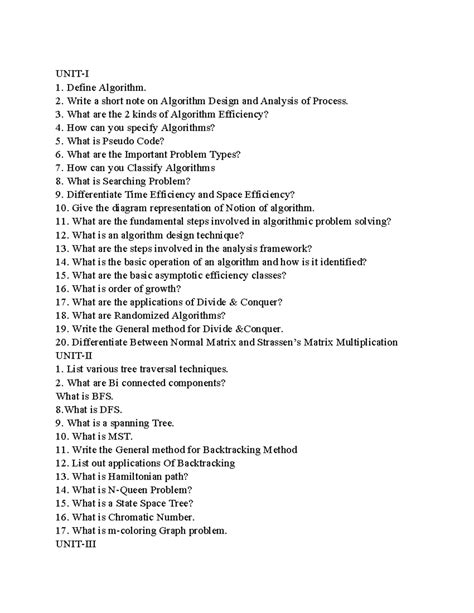 Daa2marksquestion - UNIT-I Define Algorithm. Write a short note on ...