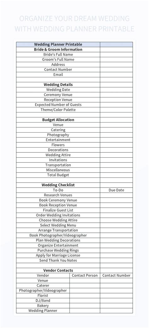 Wedding Planner Spreadsheet Template