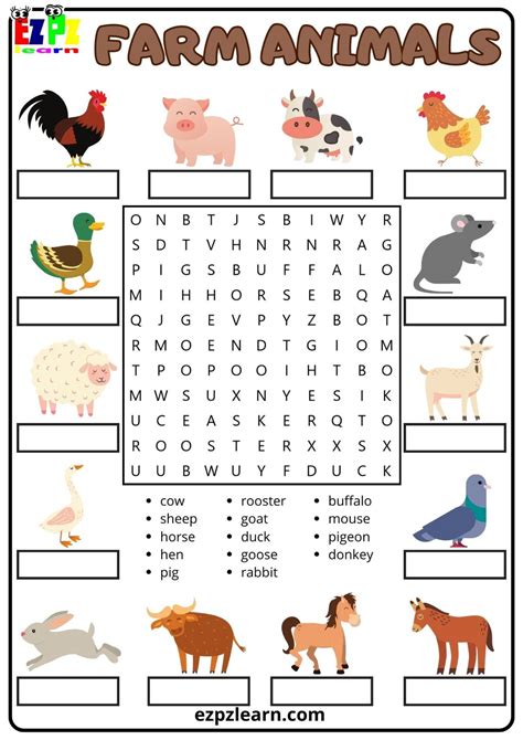 Farm Animals Vocabulary Word Search and Word Match For Kids and ESL | English activities for ...
