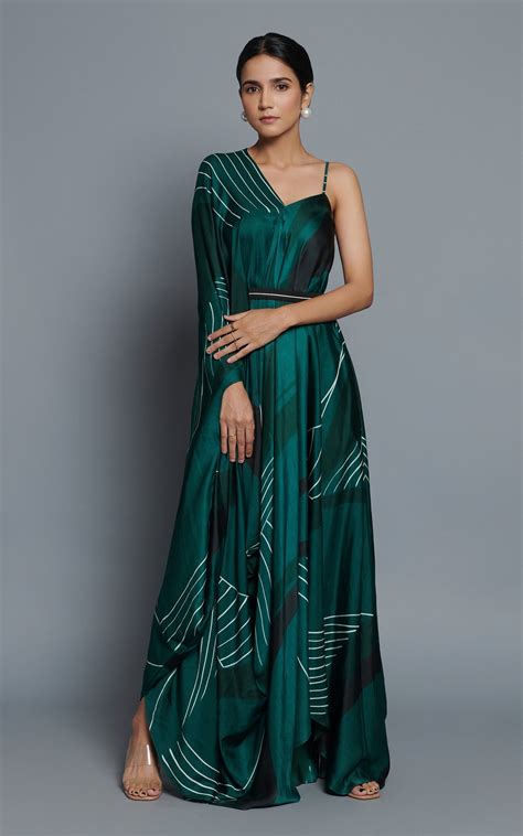 Green Abstract Printed V Neck Drape – Vedika M