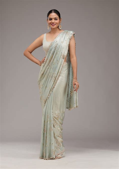 Buy Pista Green Stonework Tissue Saree - Koskii