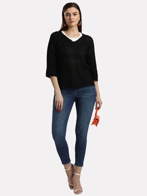 Buy IKI CHIC Black Solid Plain Chunky V-Neck Knitted Jumper Online