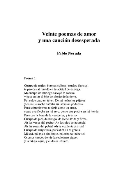 20 Poemas de Amor de Pablo Neruda: Análisis y Reflexiones - Studocu