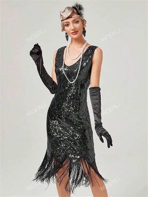 1920s Vintage Fringe V-Neck Sequined Beaded Dress, 20s Themed Party ...
