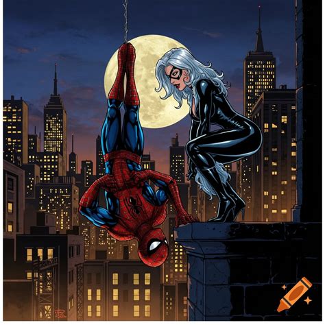 Spider-Man hangs upside down from a web, facing Black Cat crouching on ...