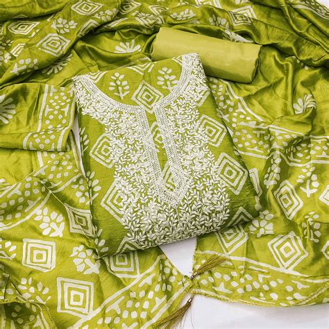 Green Batik Printed With Embroidered Pure Cotton Dress Material