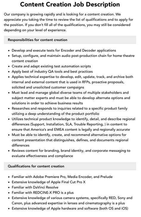 Content Creation Job Description | Velvet Jobs