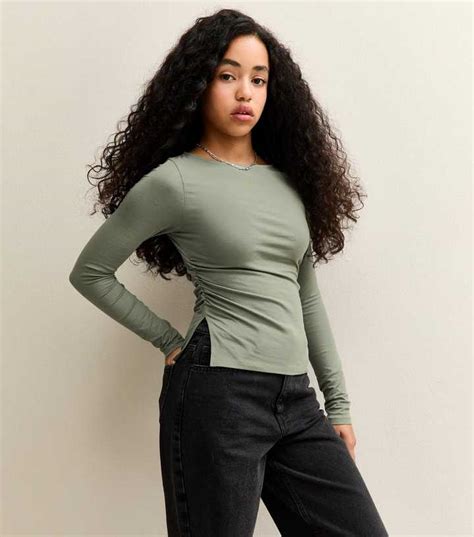 Girls Dark Khaki Long Sleeve Ruched Side Slit Top | New Look