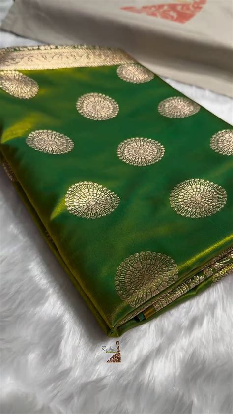 Emerald Green Satin Silk Saree with Grand Golden Zari Circular Motifs ...