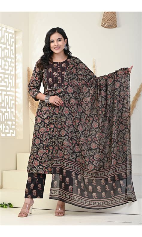 Black Cotton Printed Kurta Pant Set with Dupatta – Swasti Clothing
