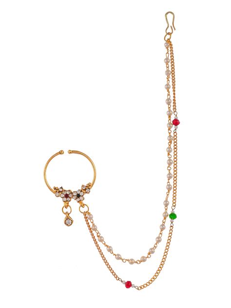 Buy Gold Plated White Stone Studded & Pearl Beaded Chained Nose Ring ...