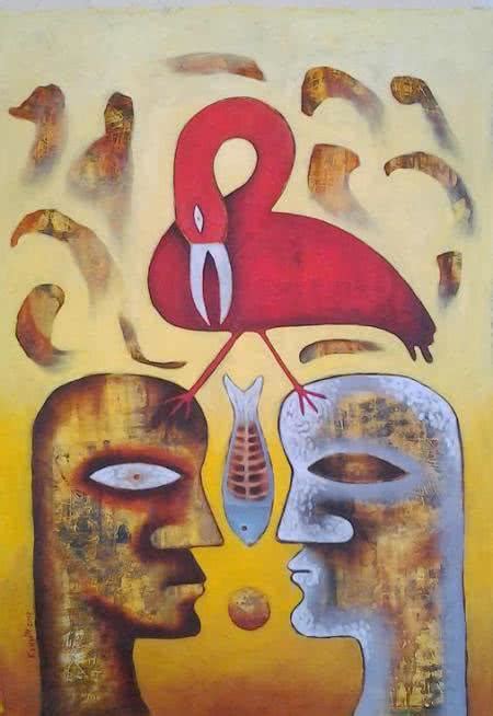 "Close Encounter": Yellow Oil Painting by Ranjith Raghupathy | ArtZolo.com