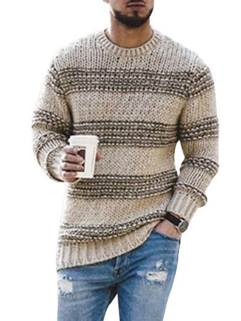 Frontwalk Winter Sweater for Men Striped Splicing Casual Knit Tops ...