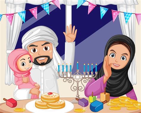 Une fête de famille Hanukkah en style cartoon | Vecteur Premium