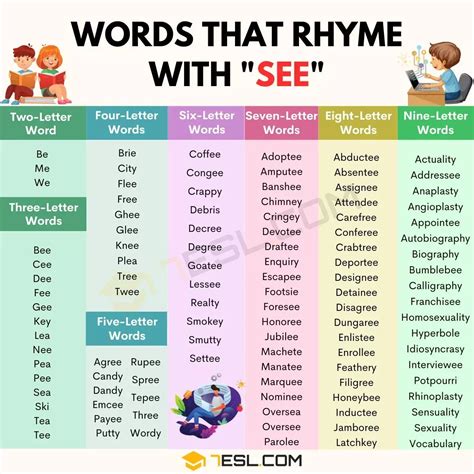 484 Interesting Words that Rhyme with See • 7ESL | Rhyming words ...
