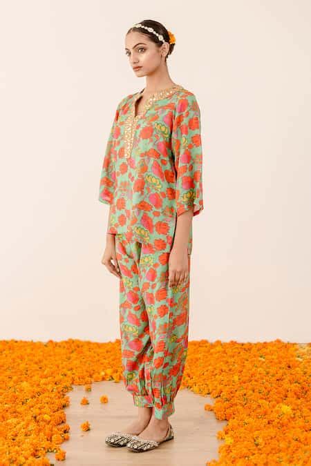 Buy Green Muslin Sequins Mandarin Collar Rain Flower Print Top And Pant ...