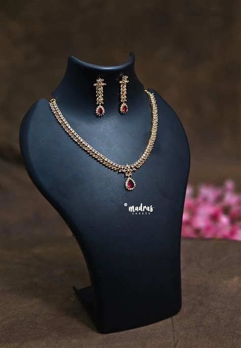 Premium 1 Gram Gold polish AD Stone trendy Ruby pendant Necklace with ...
