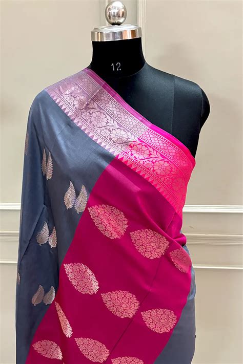 Grey and Pink Golden Zari Banarasi Silk Saree – Mohsin Textiles