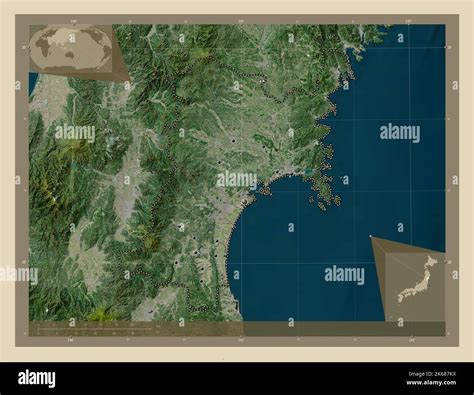 Miyagi, prefecture of Japan. High resolution satellite map. Locations of major cities of the ...