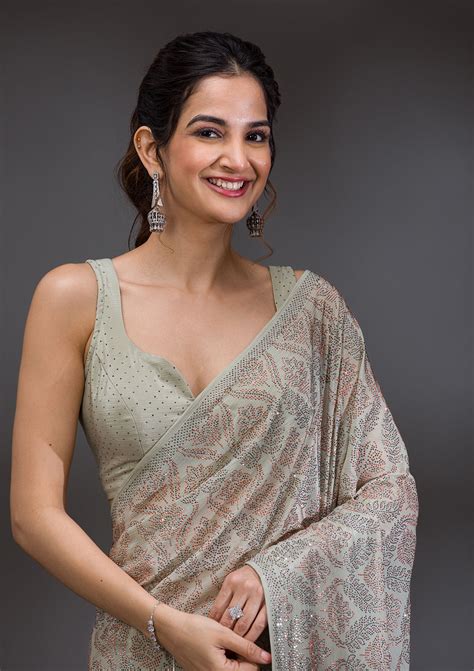 Buy Pista Green Stonework Satin Saree - Koskii