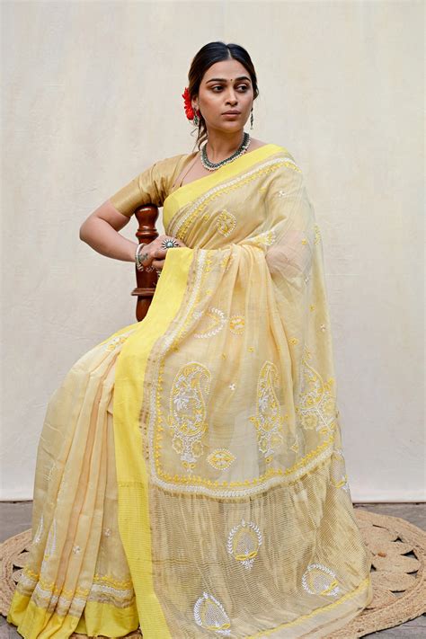 Light Yellow Chanderi Chikankari Saree | Kalatantu