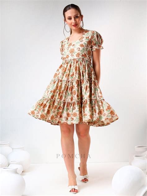 SADABHAR LIGHT BROWN FLORAL PRINT COTTON TIERED DRESS – Pomcha Jaipur