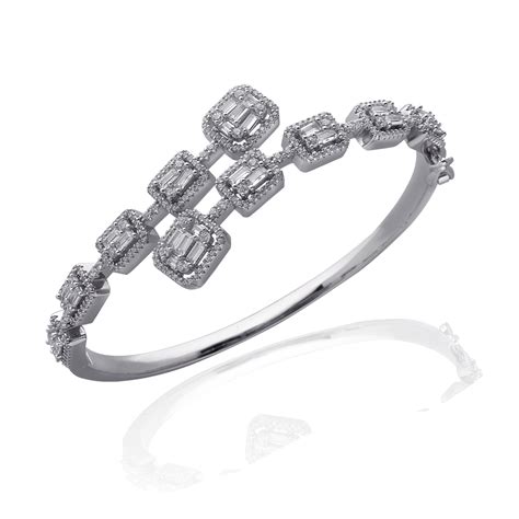 92.5 Silver Bracelet Over Lapping Choki Baguettes CZ In White Gold ...