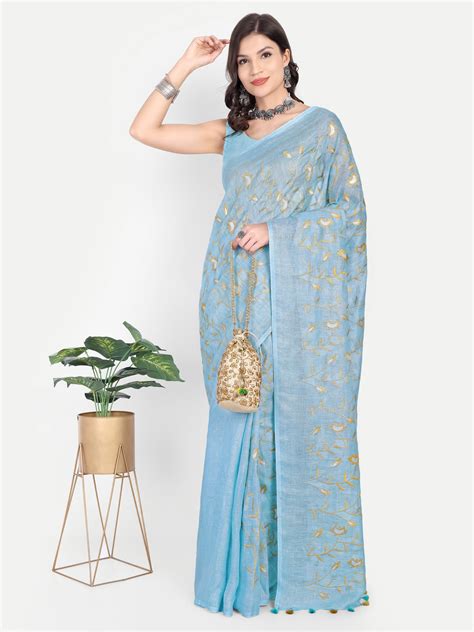 Serene Sky Blue Linen Saree with Golden Floral Embroidery – Serikala ...