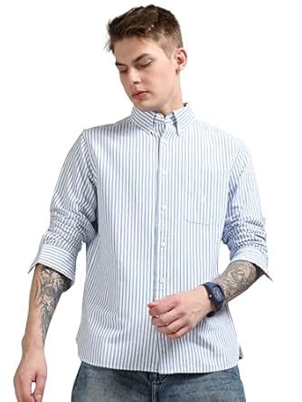 StitchX Men's Full Sleeve Striped Button-Down Collar Casual Shirt White ...