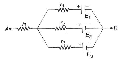 In the circuit in figure `E_1=3V, E_2=2V, E_3=1V` and `R=r_1-r_2-r_3 ...