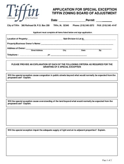 Fillable Online APPLICATION FOR SPECIAL EXCEPTION TIFFIN ZONING ... Fax ...