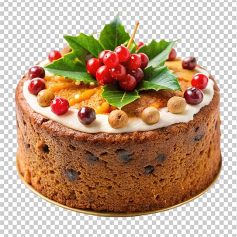Zooming in on a christmas holiday fruit cake on transparent background ...